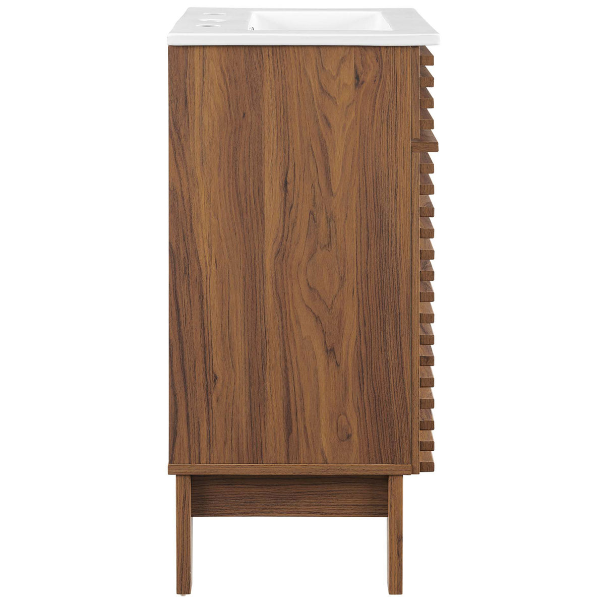 Rich walnut wood grain and clean side profile elevate small-space bath style. || EEI-5420-WAL-WHI || side_studio