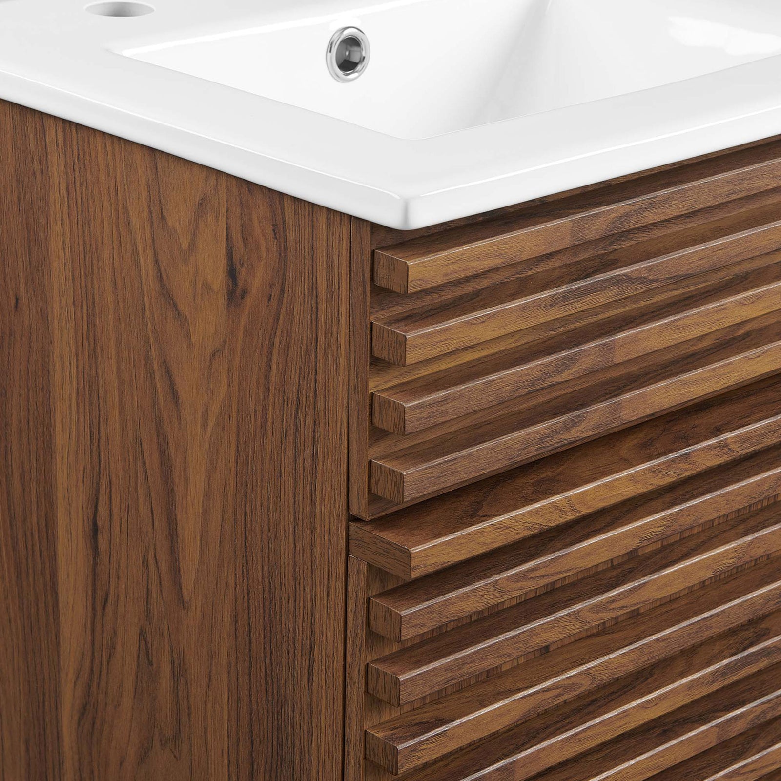 Textured louvered door detail pairs with a smooth, easy-care laminate finish. || EEI-5420-WAL-WHI || detail_studio