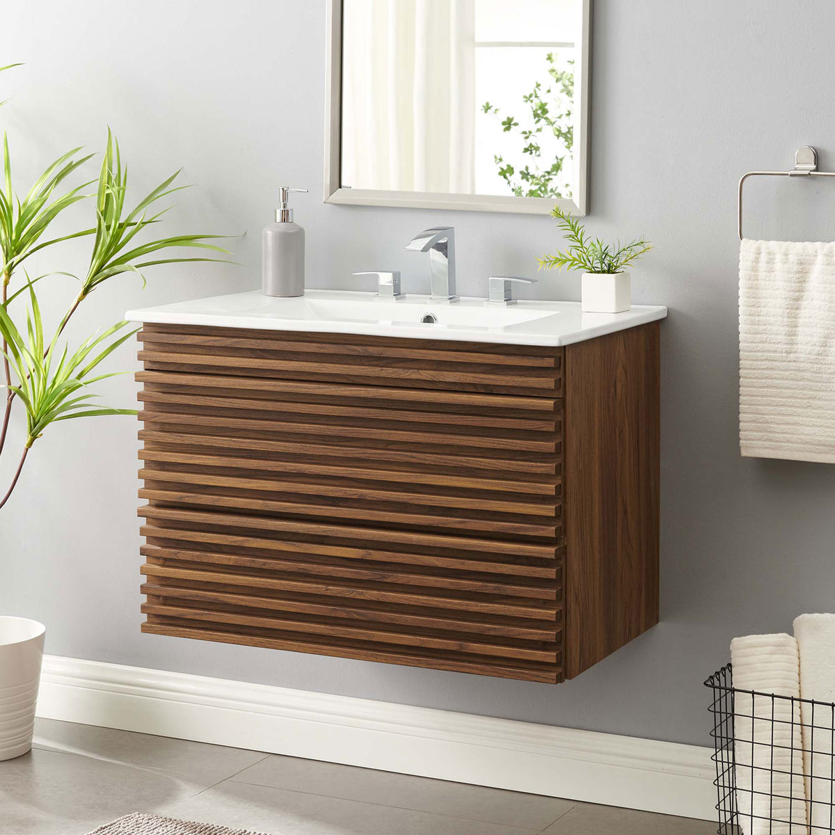 Floating 30-inch vanity adds modern warmth with walnut slats and a bright ceramic countertop. || EEI-5421-WAL-WHI || front_angle_room