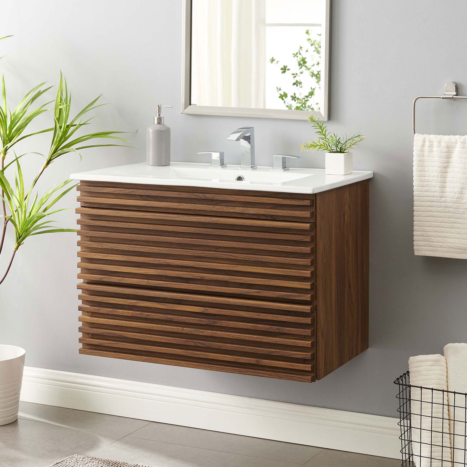 Floating 30-inch vanity adds modern warmth with walnut slats and a bright ceramic countertop. || EEI-5421-WAL-WHI || front_angle_room