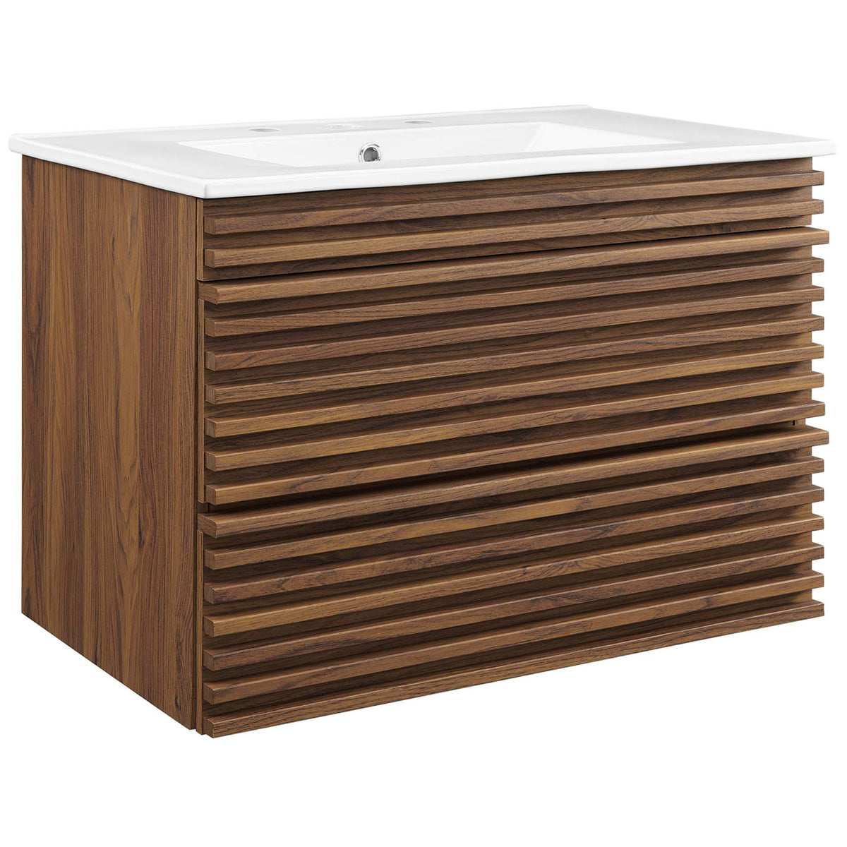 Streamlined 30-inch vanity in walnut grain with bold slatted drawers and rectangular ceramic basin. || EEI-5421-WAL-WHI || front_angle_studio