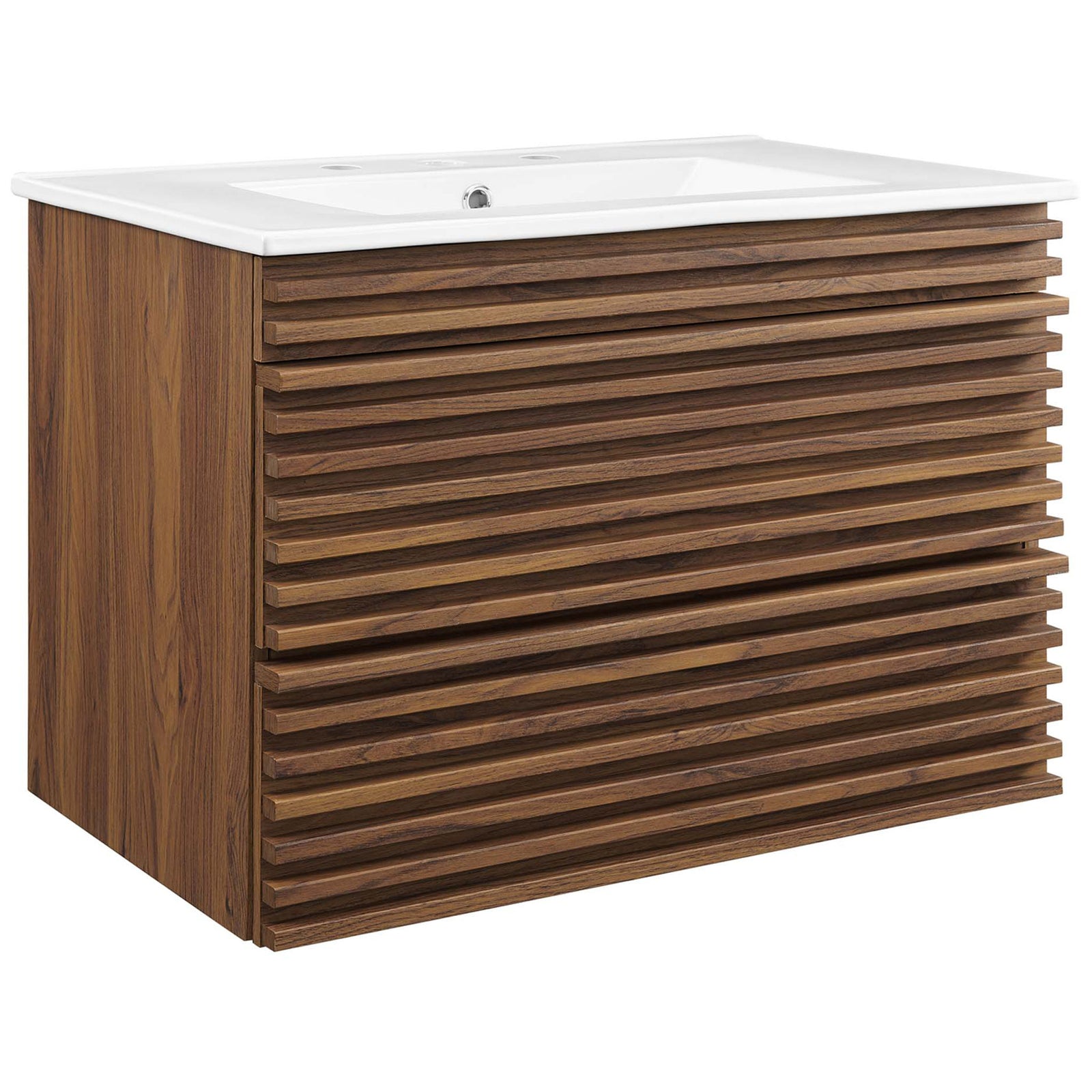 Streamlined 30-inch vanity in walnut grain with bold slatted drawers and rectangular ceramic basin. || EEI-5421-WAL-WHI || front_angle_studio