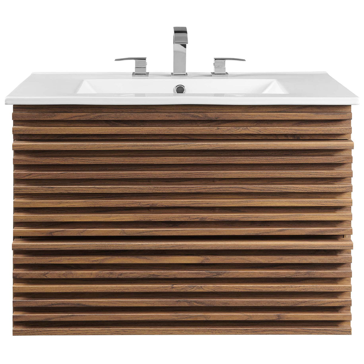 30-inch floating vanity pairing a walnut slat facade with a crisp white ceramic top, faucet shown. || EEI-5421-WAL-WHI || front_studio