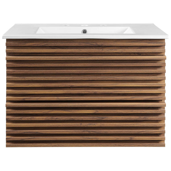 Mid-century 30-inch wall-mounted vanity with slatted walnut drawers and an integrated ceramic sink. || EEI-5421-WAL-WHI || front_studio