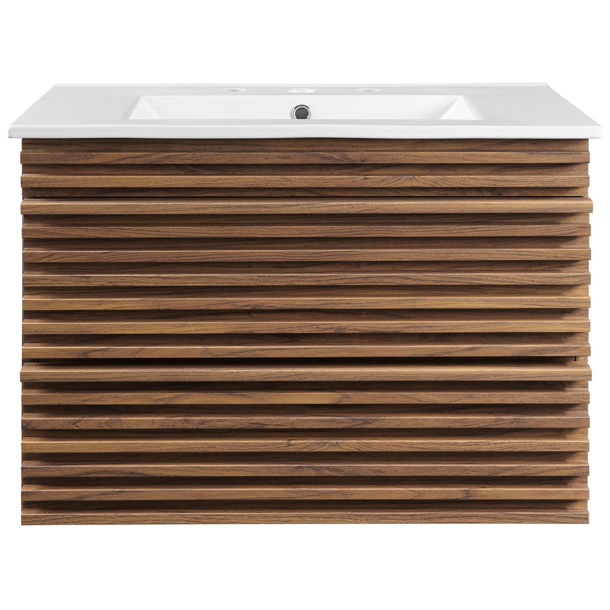 Mid-century 30-inch wall-mounted vanity with slatted walnut drawers and an integrated ceramic sink. || EEI-5421-WAL-WHI || front_studio