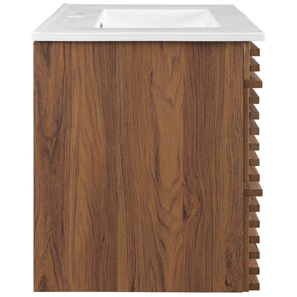 Walnut wood grain sides and clean lines complement the integrated ceramic sink on this 30-inch vanity. || EEI-5421-WAL-WHI || side_studio