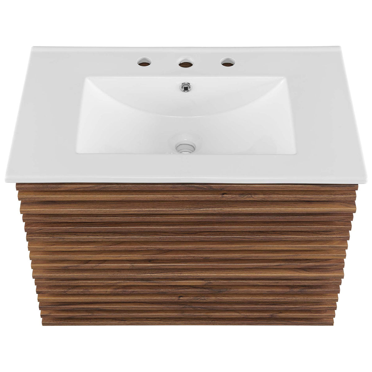 Rectangular ceramic basin with pre-drilled 8-inch widespread holes completes the 30-inch vanity. || EEI-5421-WAL-WHI || top_studio