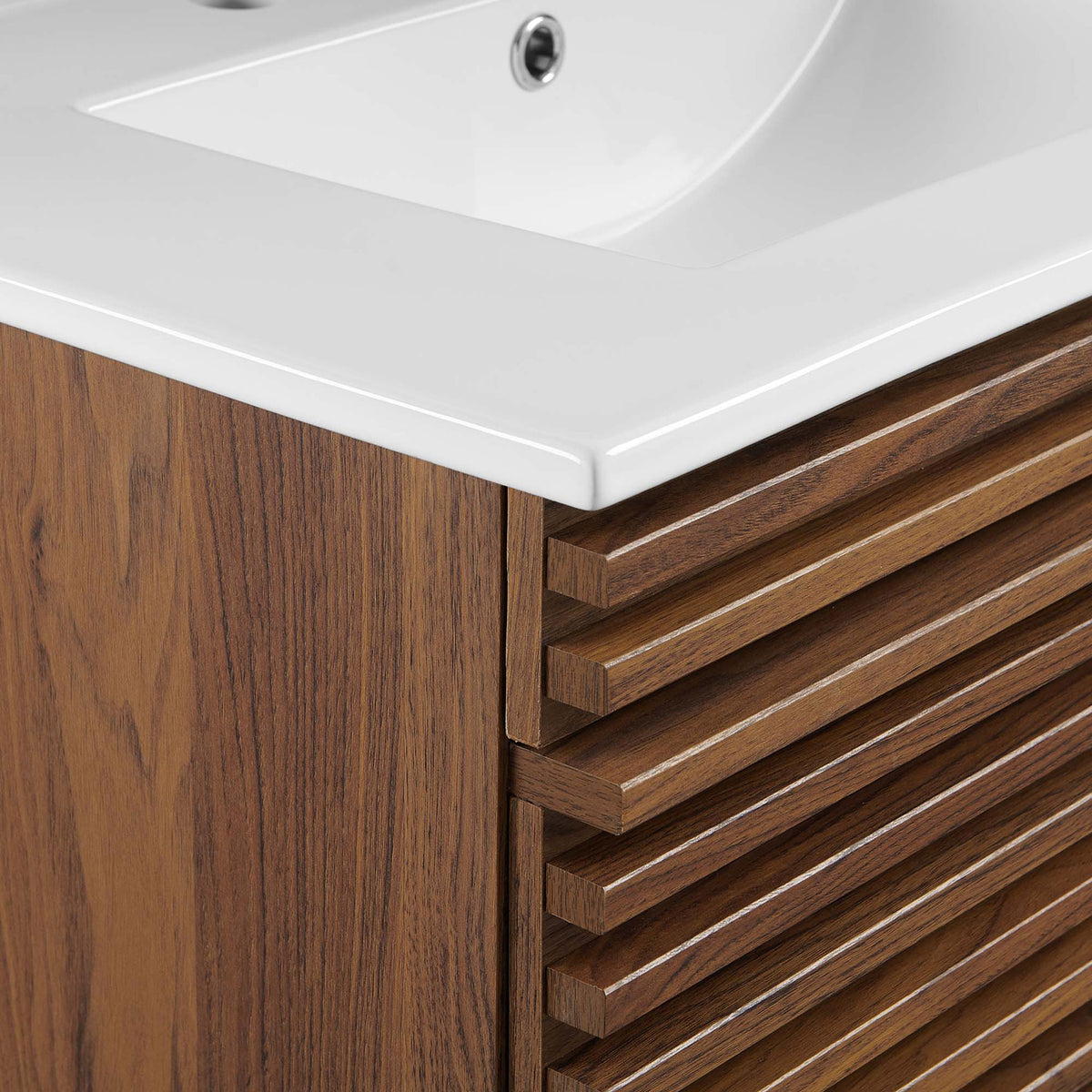 Layered slat texture and refined edges in a rich walnut grain elevate the design. || EEI-5421-WAL-WHI || detail_studio