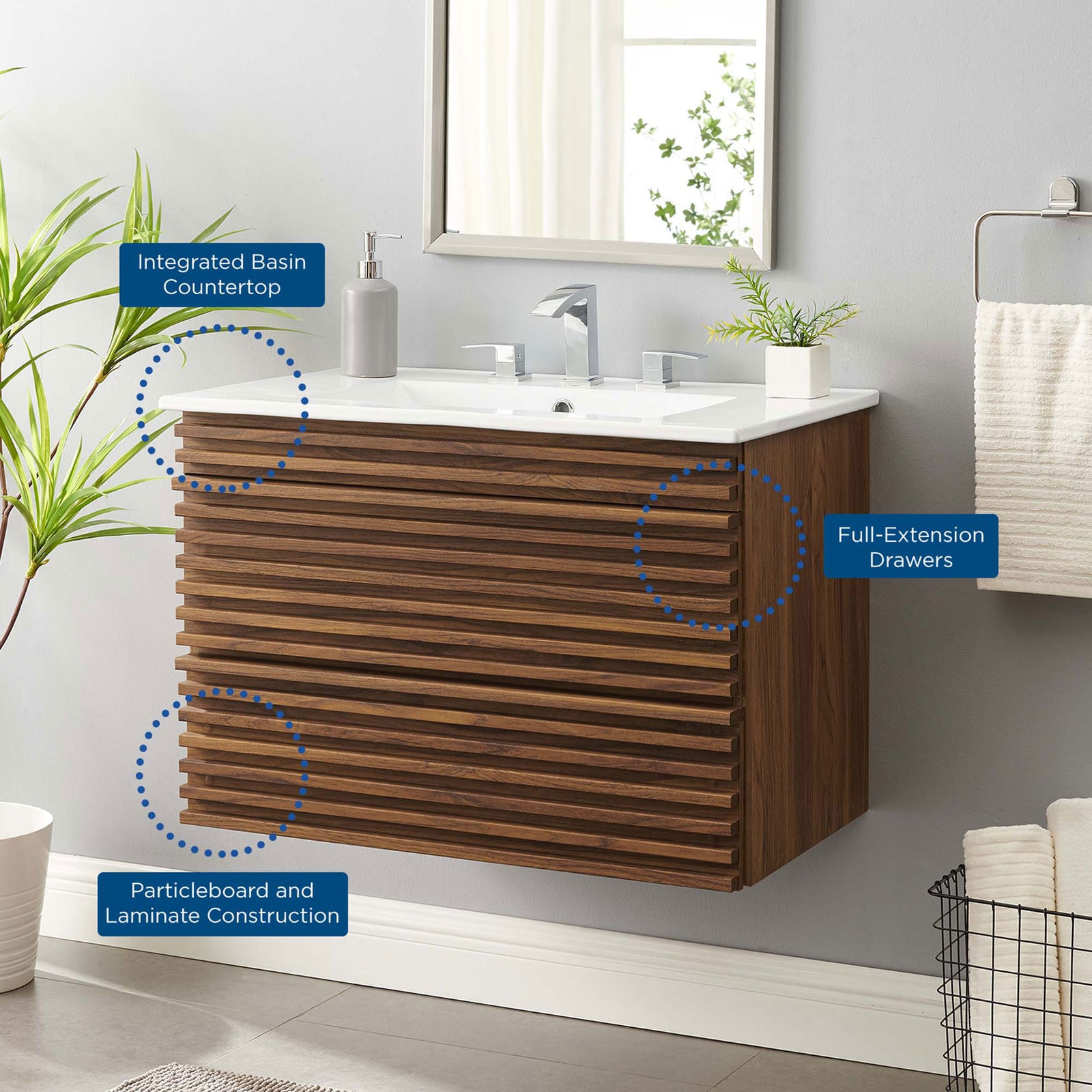 Feature callouts highlight the integrated basin top, full-extension drawers, and durable construction. || EEI-5421-WAL-WHI || callout_room