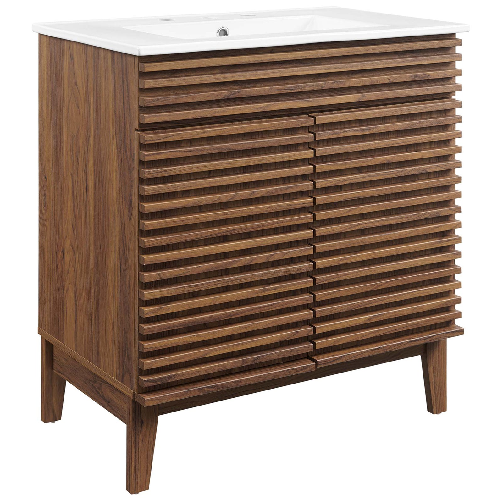 Walnut-grain vanity with sculpted slat doors and tapered legs for a mid-century refresh. || EEI-5422-WAL-WHI || front_angle_studio