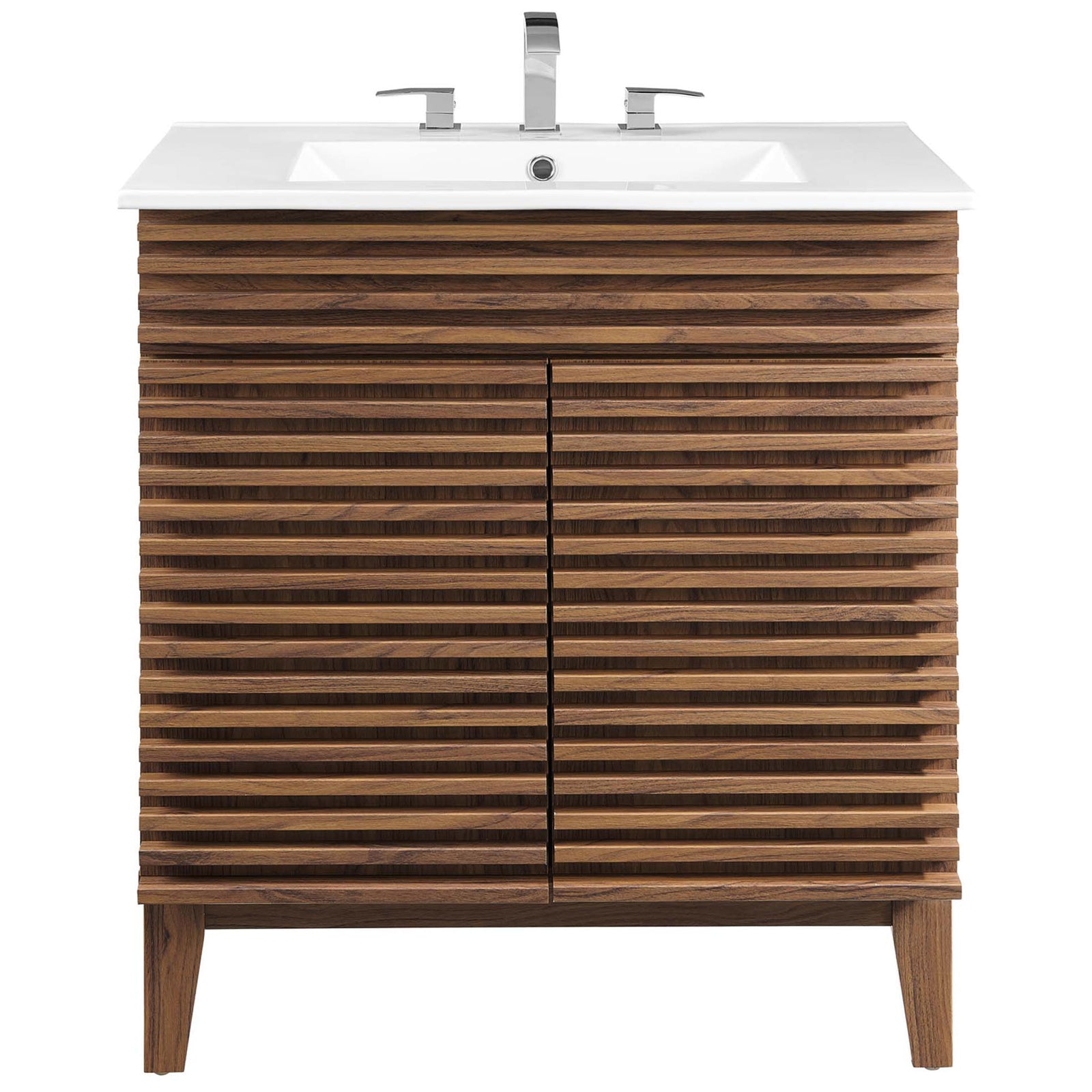 Showcases ribbed door texture with a gleaming integrated top and 8-inch widespread setup. || EEI-5422-WAL-WHI || front_studio