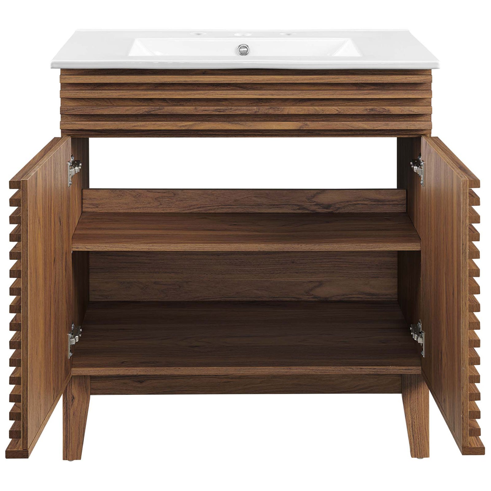 Soft-close doors reveal adjustable shelving for customizable storage. || EEI-5422-WAL-WHI || front_open_studio