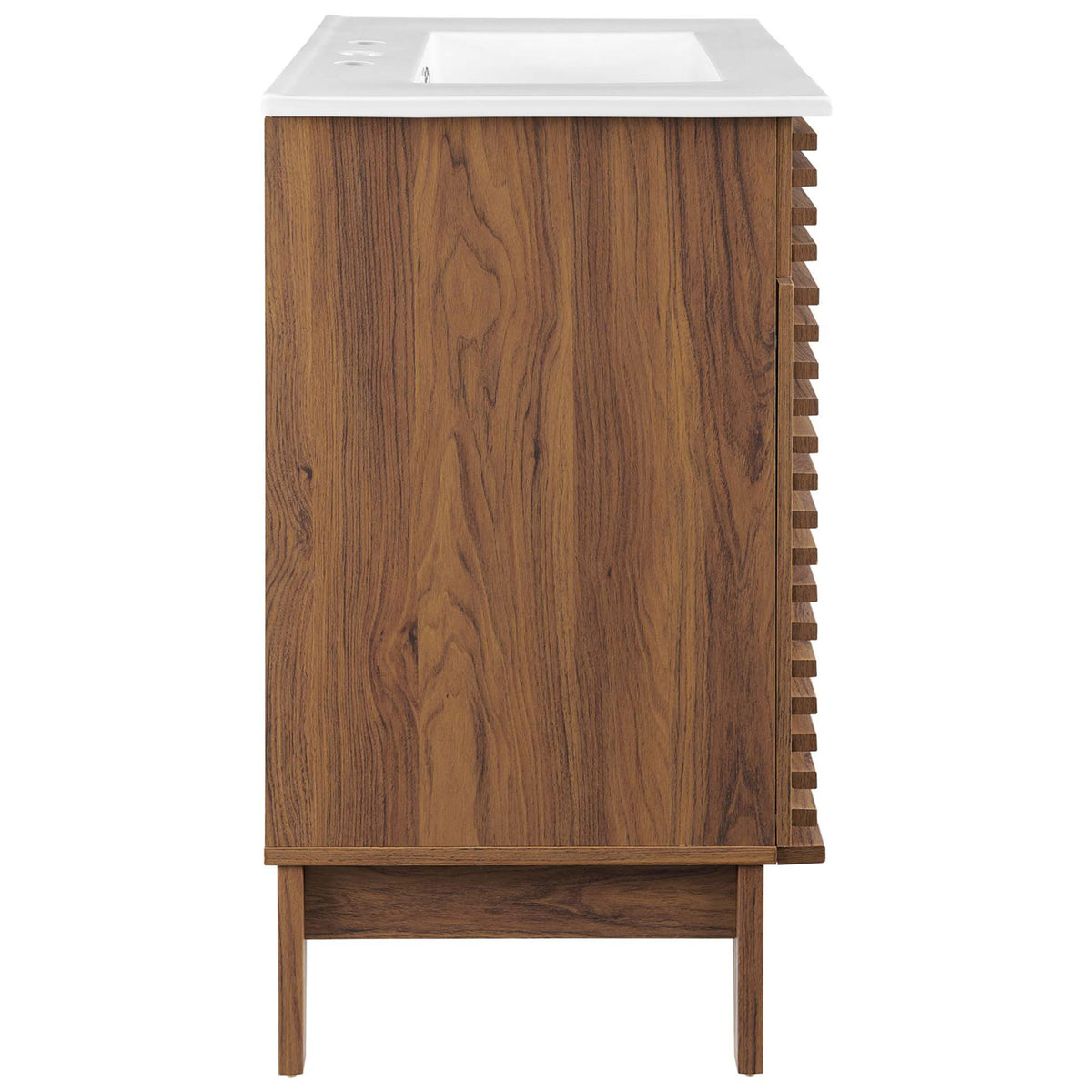 Warm walnut laminate wraps clean-lined panels above a sturdy raised base. || EEI-5422-WAL-WHI || side_studio