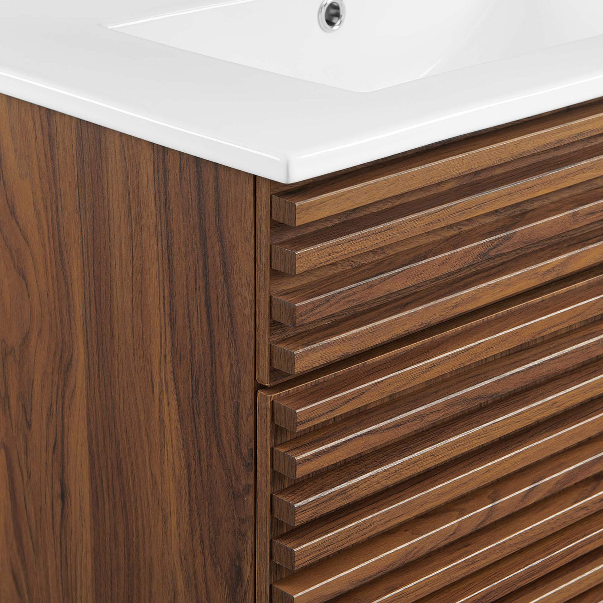 Crisp counter edge and dimensional slat pattern in walnut grain. || EEI-5422-WAL-WHI || detail_studio