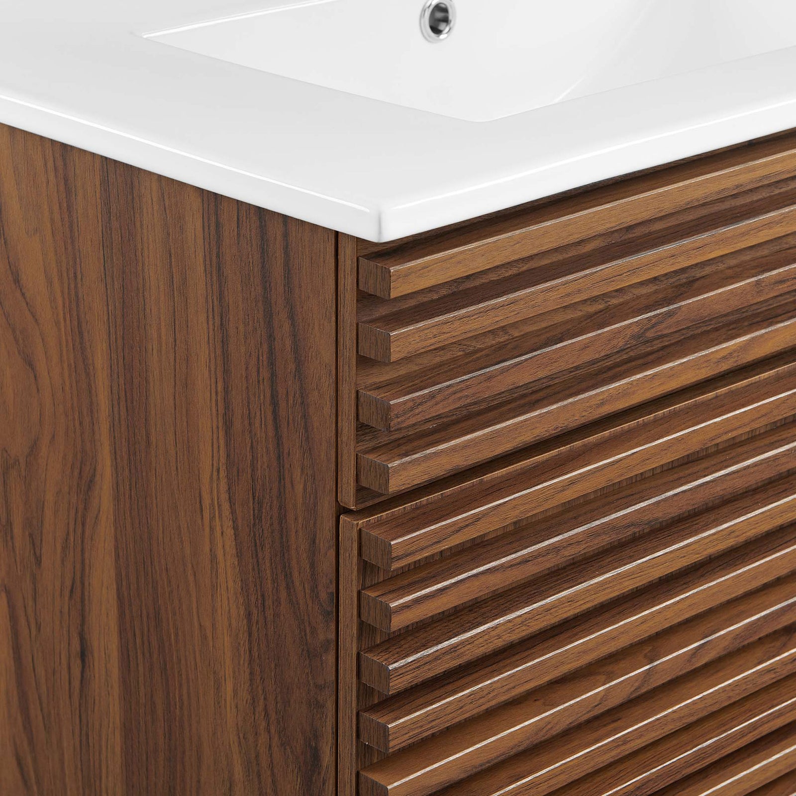 Crisp counter edge and dimensional slat pattern in walnut grain. || EEI-5422-WAL-WHI || detail_studio