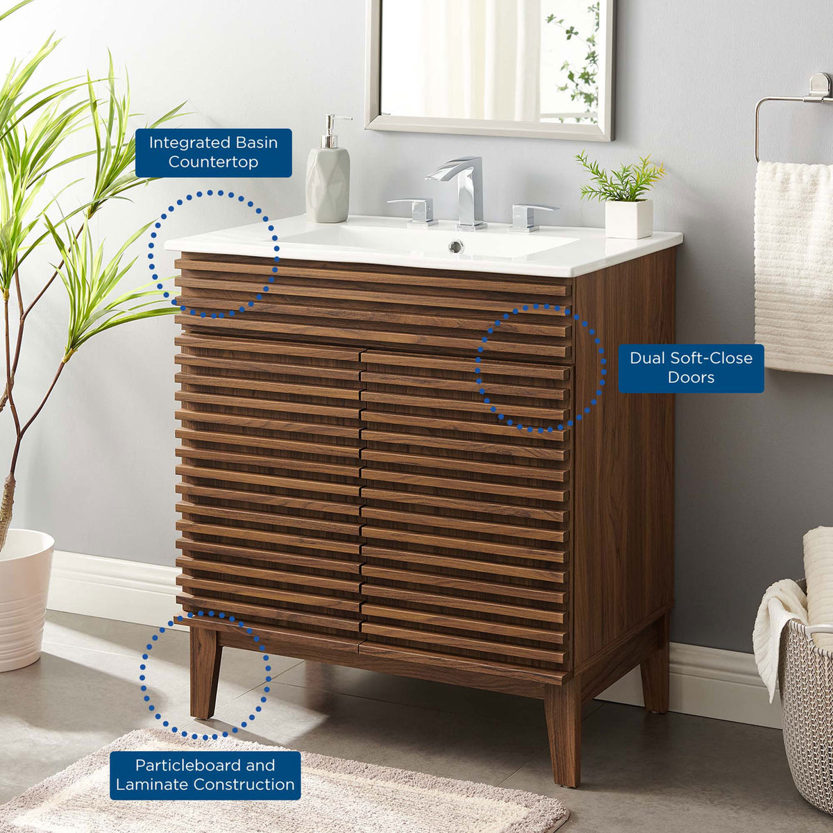 Feature highlights include an integrated basin, dual soft-close doors, and durable laminate build. || EEI-5422-WAL-WHI || callout_room