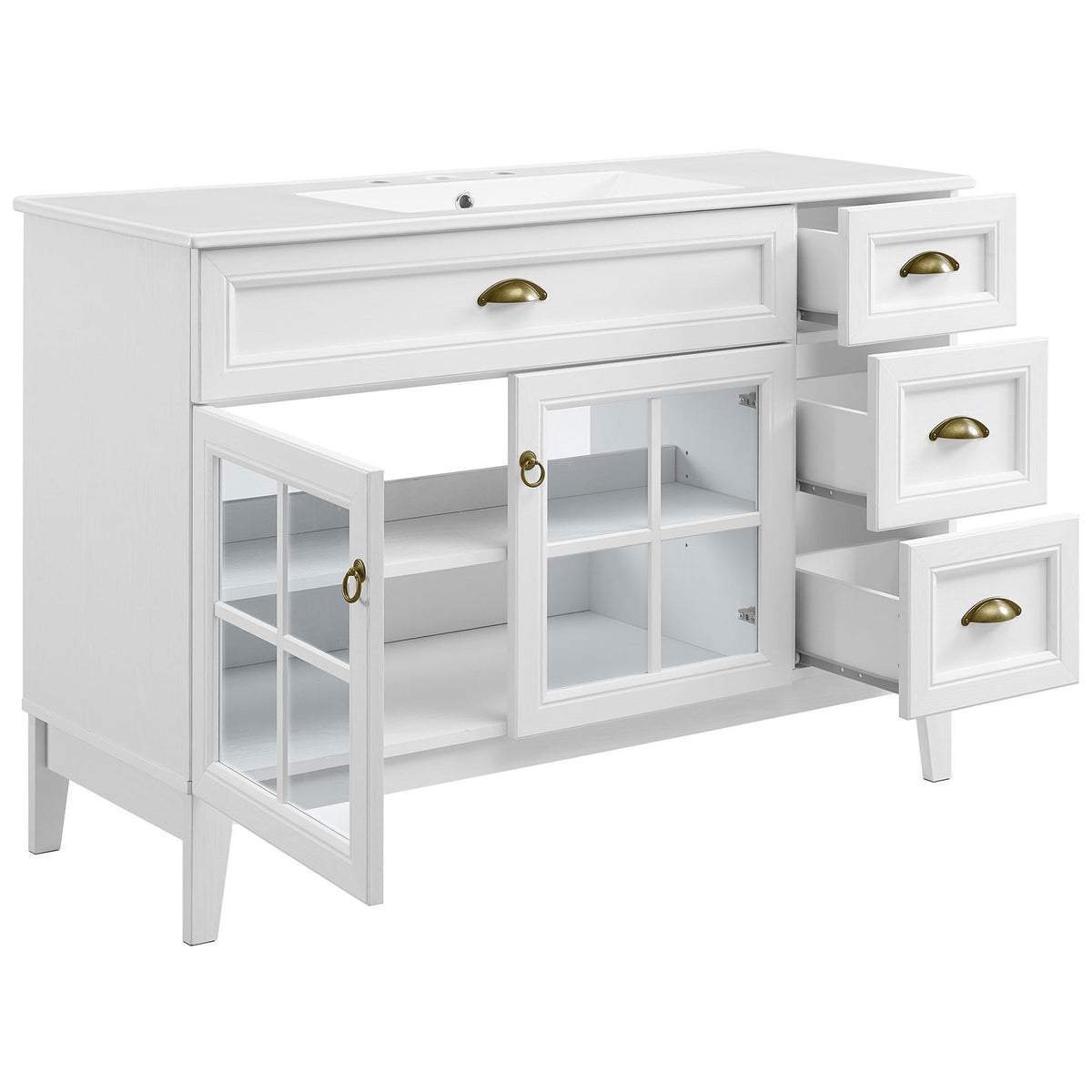 Open storage shows adjustable shelves and smooth-glide drawers beneath the integrated sink || EEI-5427-WHI-WHI || front_angle_open_studio