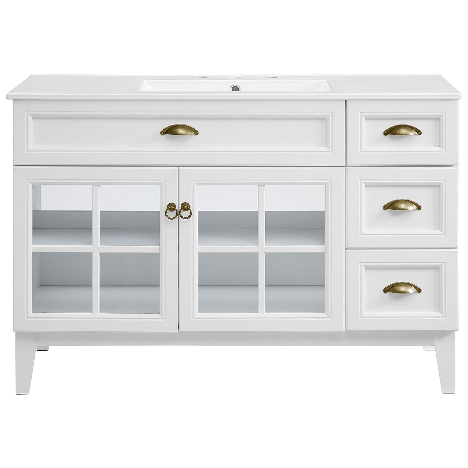 White vanity with windowpane glass doors and three drawers, topped by an integrated ceramic sink || EEI-5427-WHI-WHI || front_studio