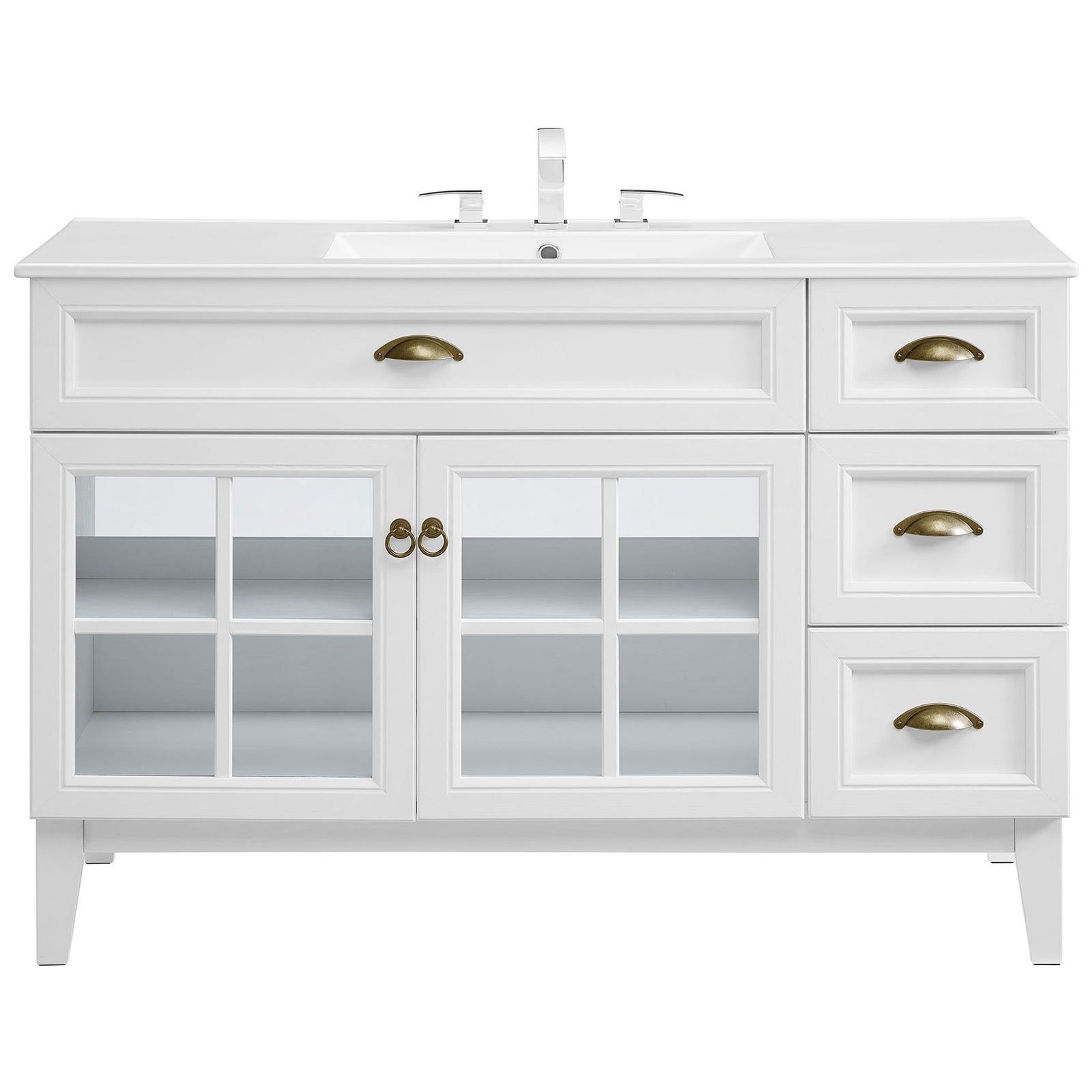 Vanity cabinet with integrated ceramic basin and warm brass pulls for a crisp, timeless look || EEI-5427-WHI-WHI || front_studio
