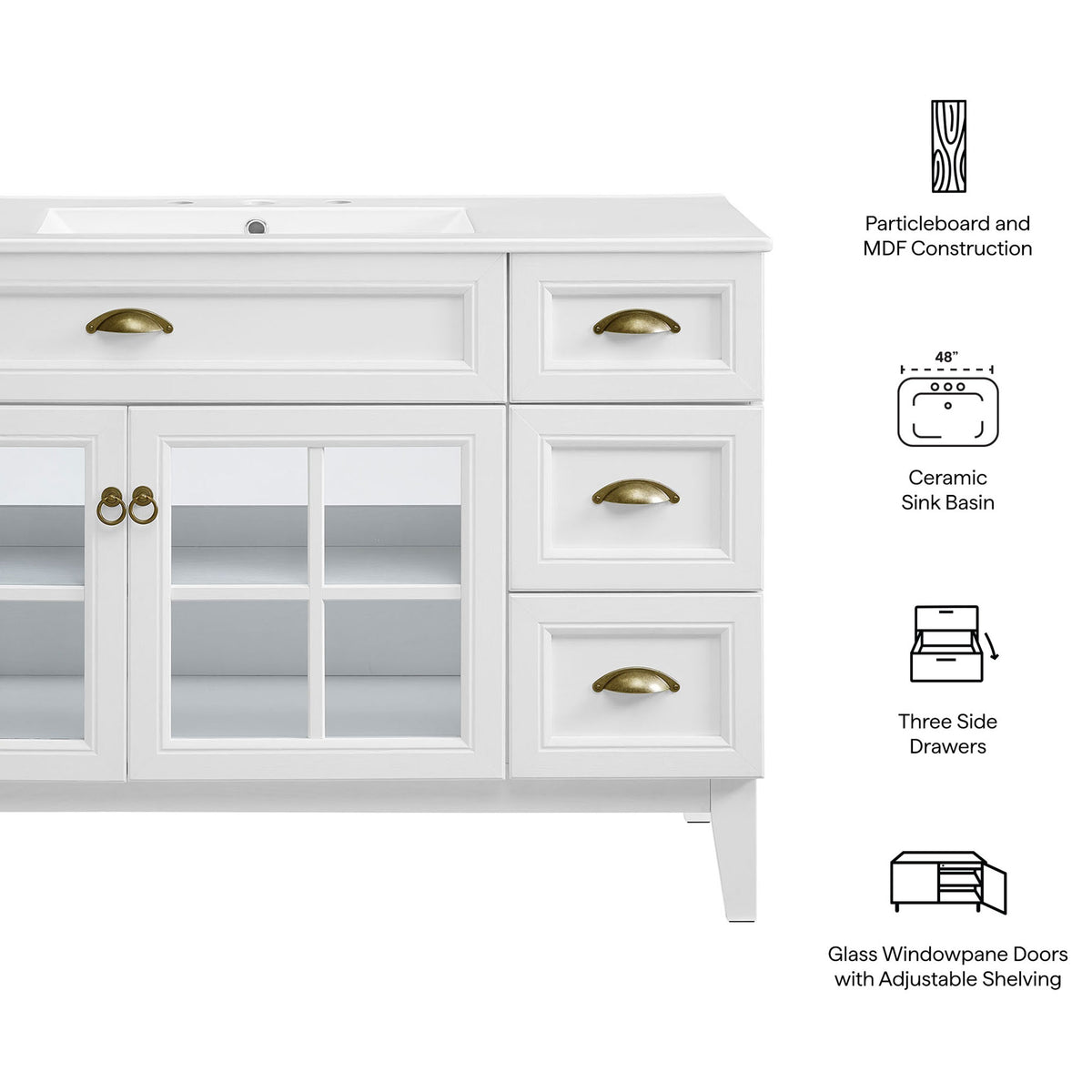 Key features highlighted: ceramic basin, three drawers, and adjustable-shelf glass cabinet || EEI-5427-WHI-WHI || callout_studio