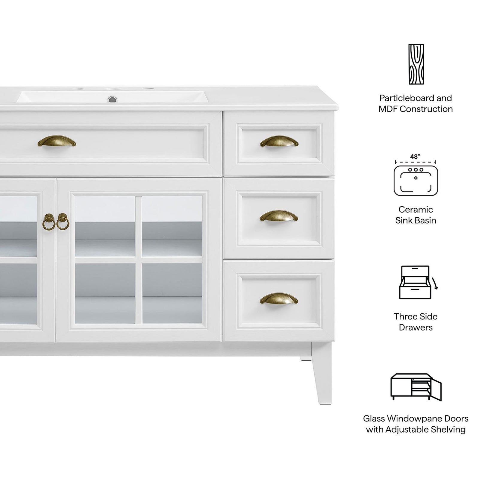 Key features highlighted: ceramic basin, three drawers, and adjustable-shelf glass cabinet || EEI-5427-WHI-WHI || callout_studio