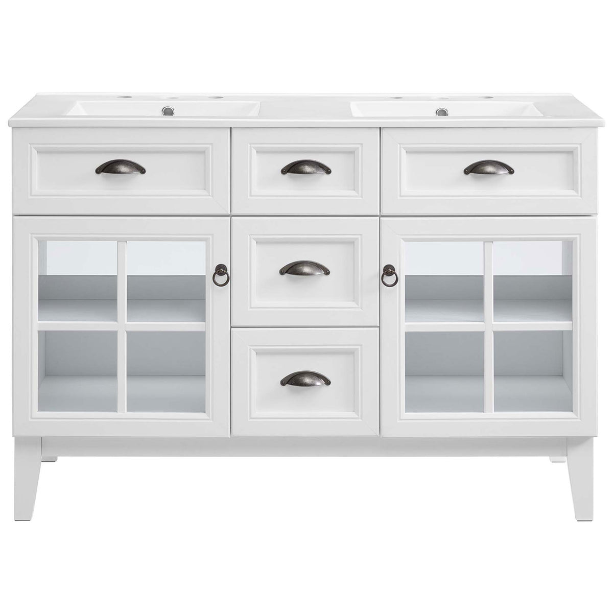 Sleek white 48 inch double vanity with dual basins, glass-door storage, and three center drawers || EEI-5428-WHI-WHI || front_studio