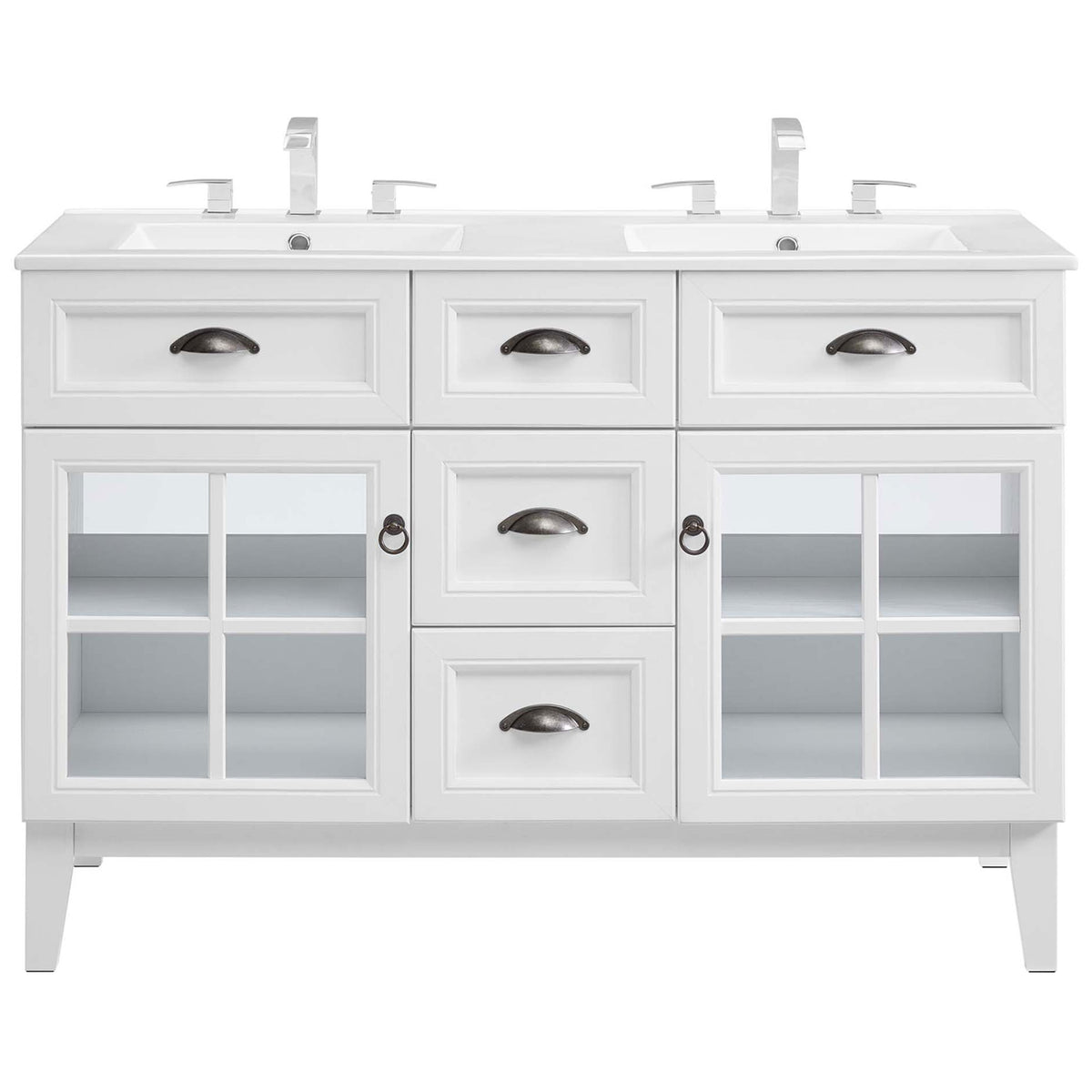 Elegant double-sink vanity with integrated top and brushed cup pulls in a crisp white finish || EEI-5428-WHI-WHI || front_studio