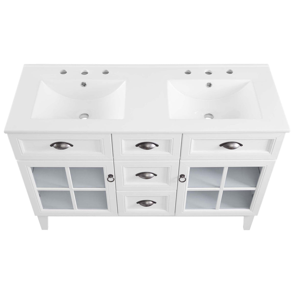 Dual rectangular basins with integrated countertop and pre-drilled widespread faucet holes || EEI-5428-WHI-WHI || top_studio