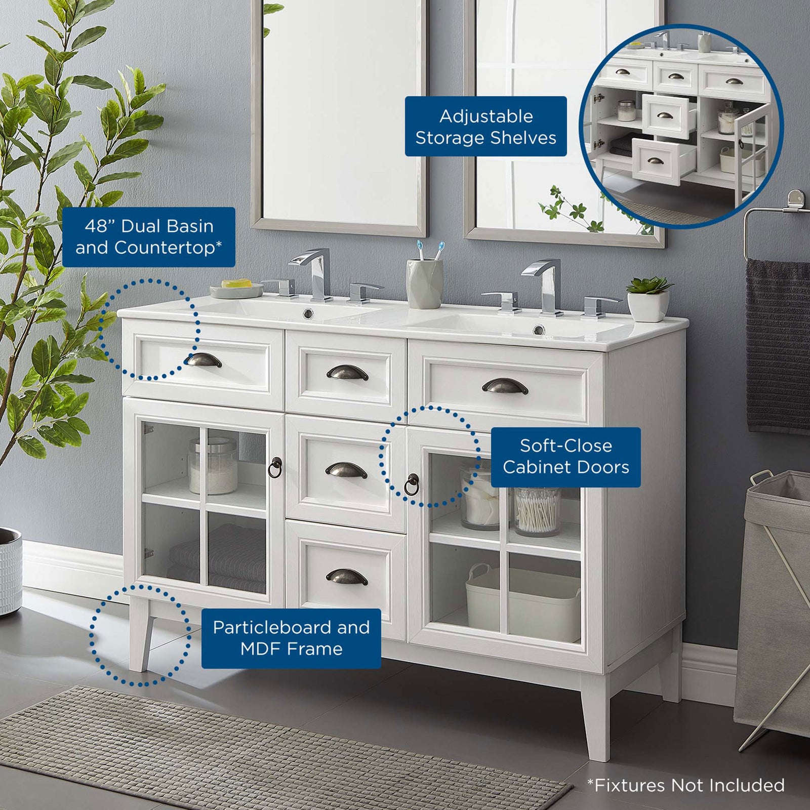 Key features highlighted, including dual basin top, adjustable shelves, and glass doors || EEI-5428-WHI-WHI || callout_room
