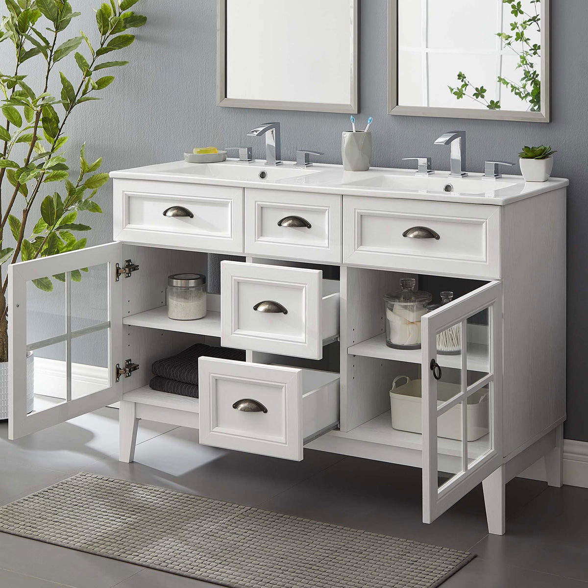 Organized bathroom storage with open drawers and shelves for towels, bins, and essentials || EEI-5428-WHI-WHI || front_angle_open_room