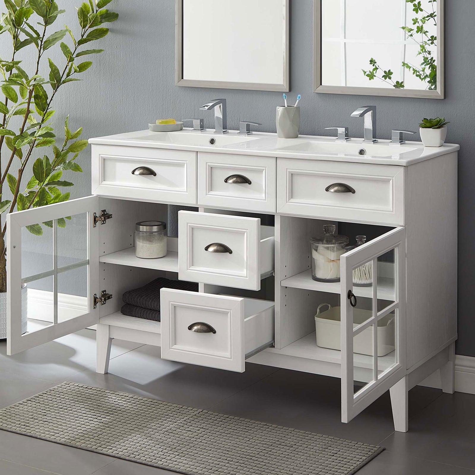 Organized bathroom storage with open drawers and shelves for towels, bins, and essentials || EEI-5428-WHI-WHI || front_angle_open_room