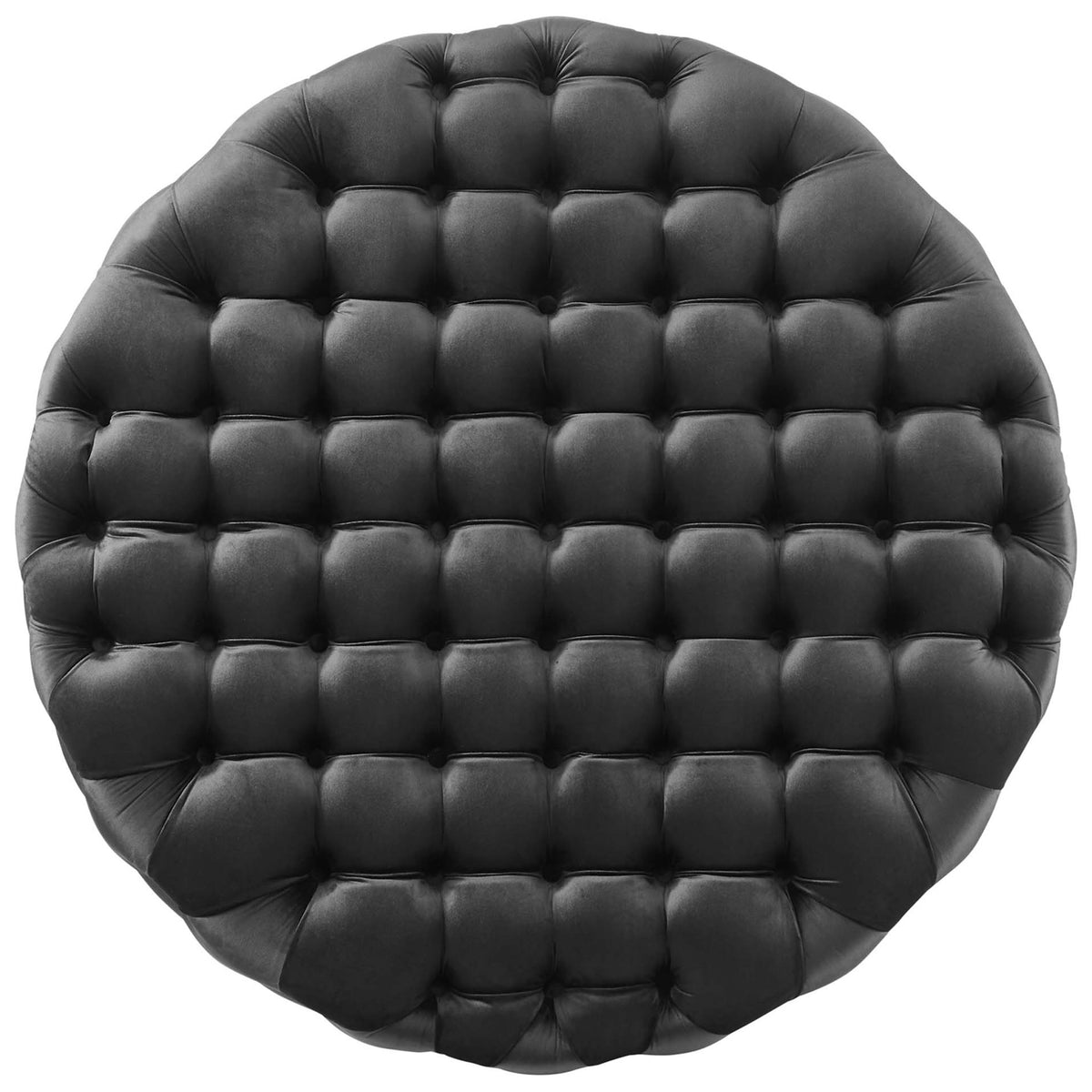 Top surface of the large round black tufted ottoman, revealing its plush grid of performance velvet buttons || EEI-5469-BLK || top_studio