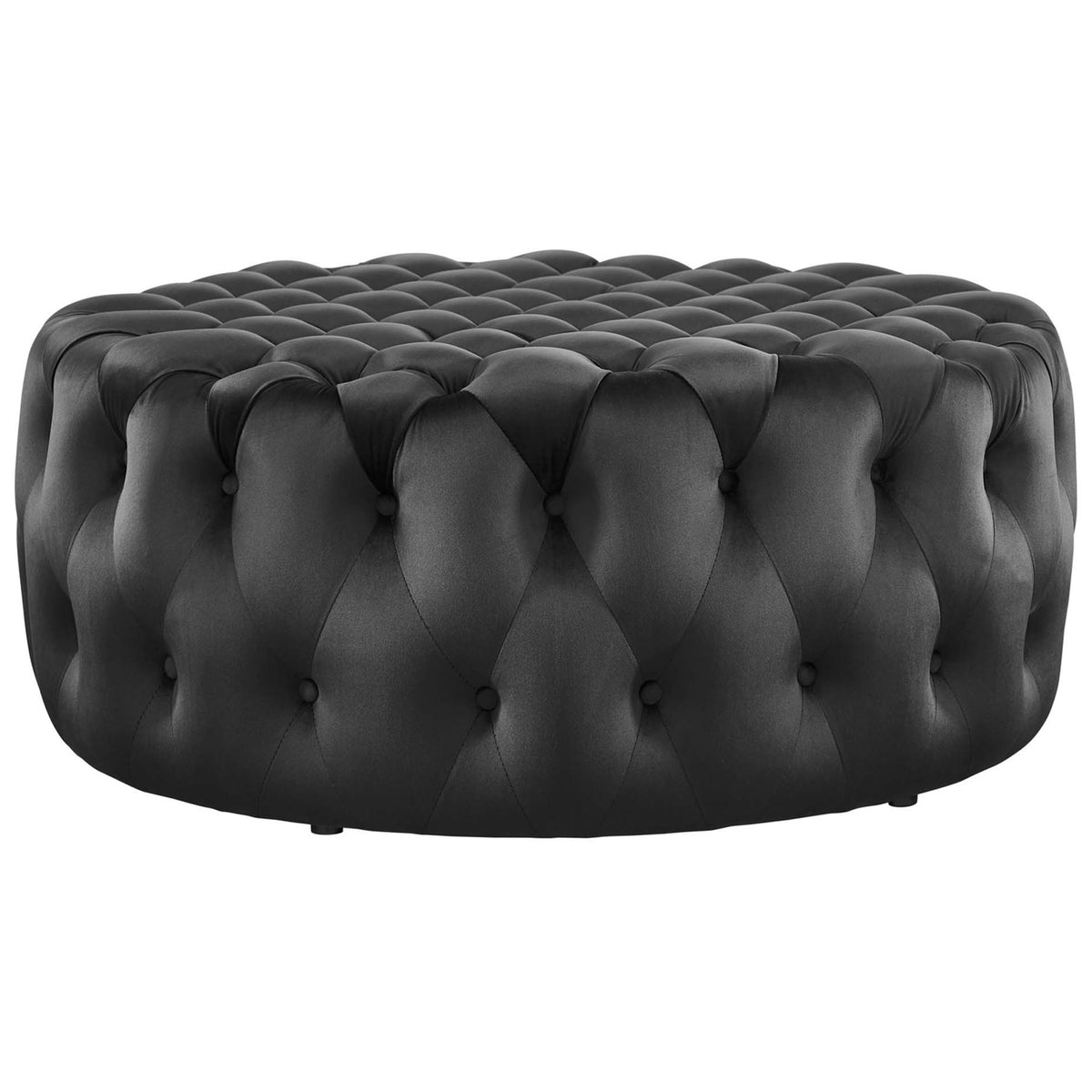 Spacious black velvet ottoman with deep button tufting for a plush, elegant focal point || EEI-5469-BLK || front_studio
