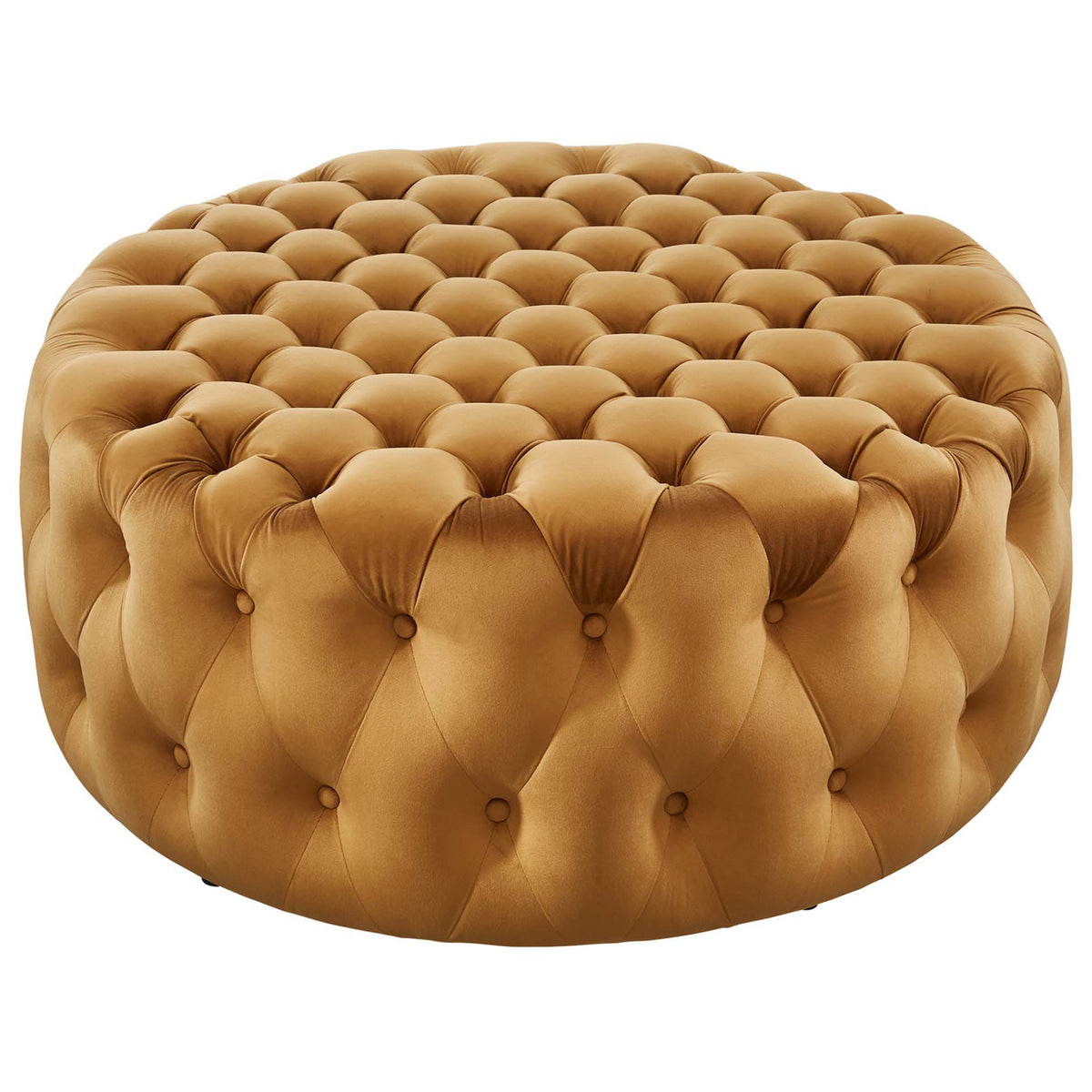 Cognac round velvet ottoman with deep diamond tufting and plush cushioning for luxe living room seating || EEI-5469-COG || front_angle_studio