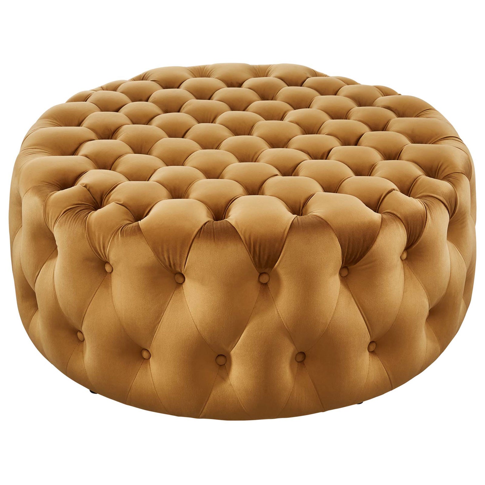 Cognac round velvet ottoman with deep diamond tufting and plush cushioning for luxe living room seating || EEI-5469-COG || front_angle_studio