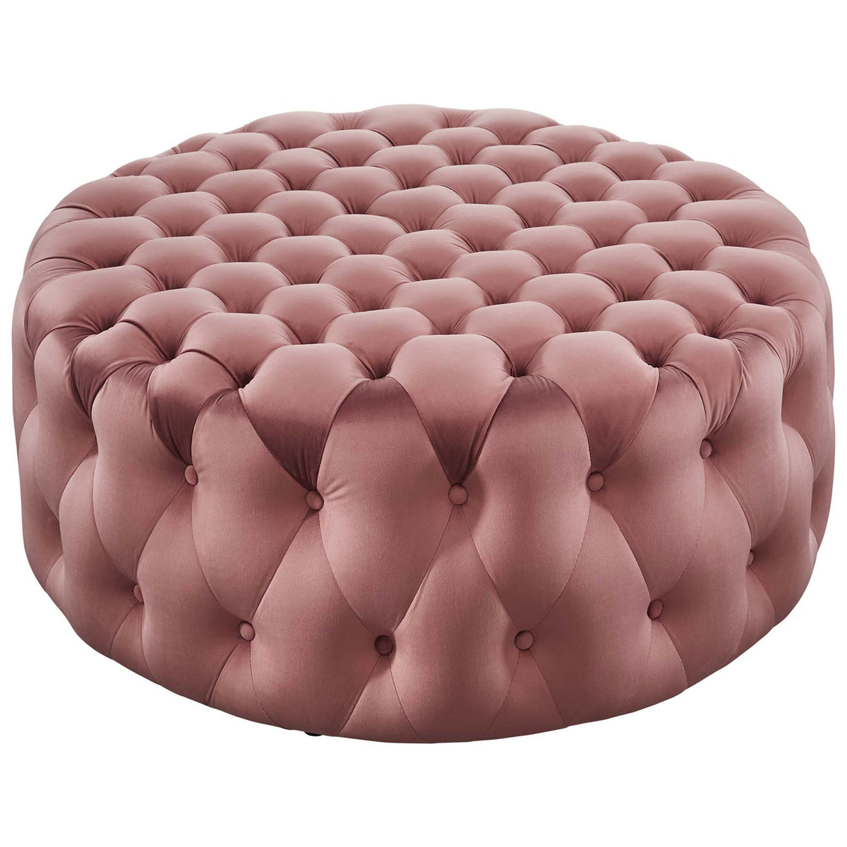 Large dusty rose round ottoman with deep diamond tufting and plush performance velvet upholstery || EEI-5469-DUS || front_angle_studio