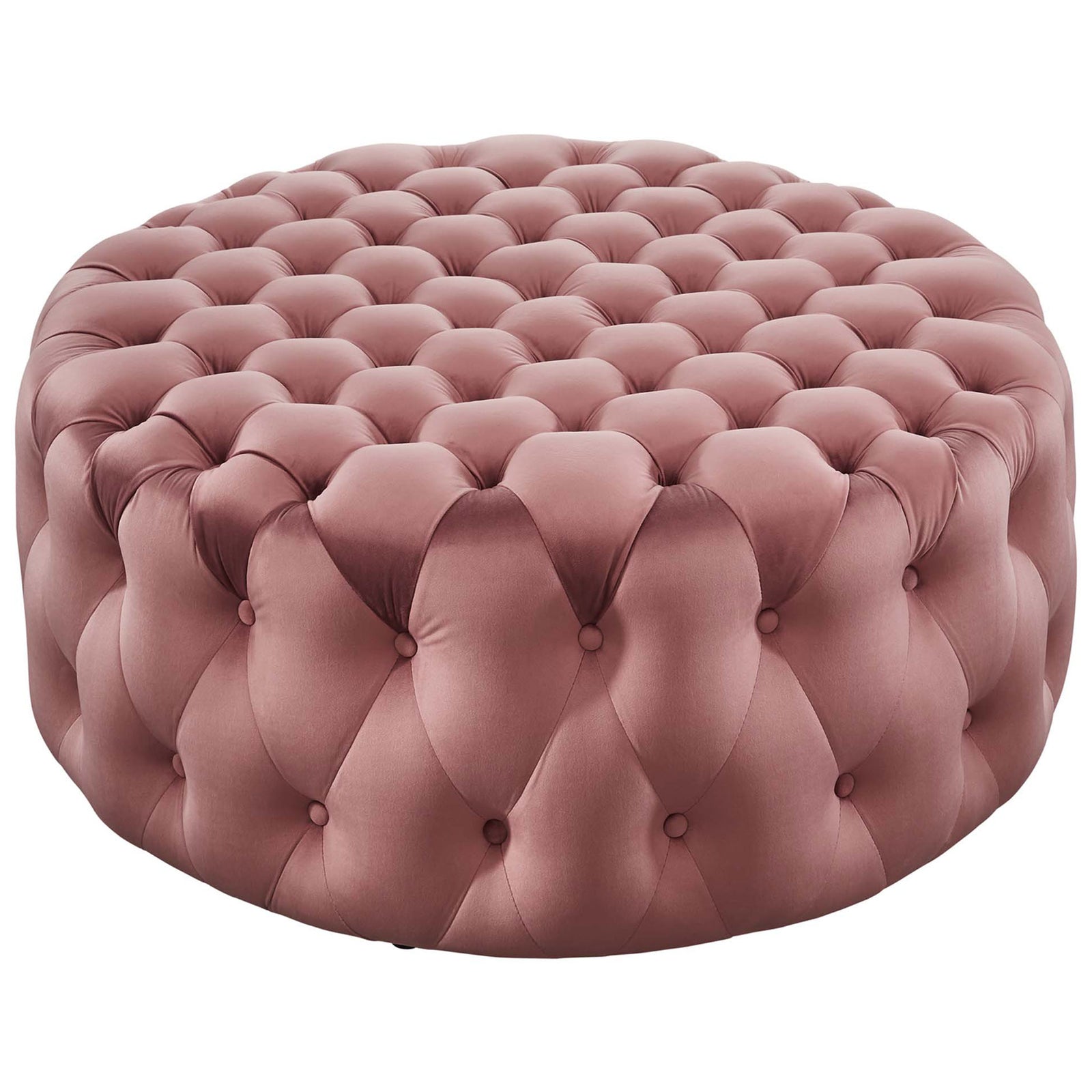 Large dusty rose round ottoman with deep diamond tufting and plush performance velvet upholstery || EEI-5469-DUS || front_angle_studio