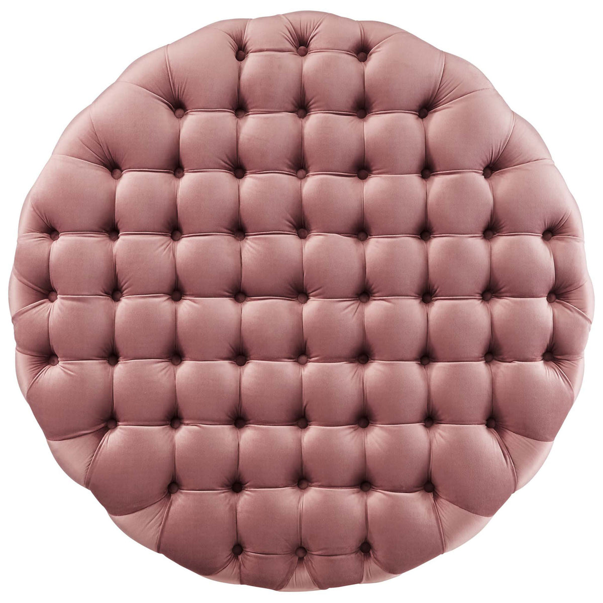 Button tufted dusty rose ottoman with a generously cushioned circular top for seating or serving || EEI-5469-DUS || top_studio