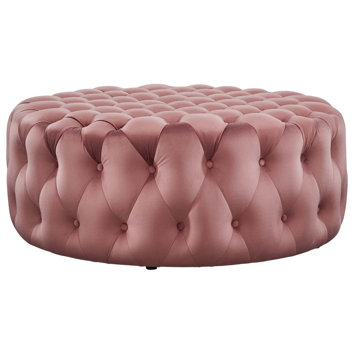 Velvet round ottoman in dusty rose featuring allover button tufting and a tailored low profile silhouette || EEI-5469-DUS || front_studio