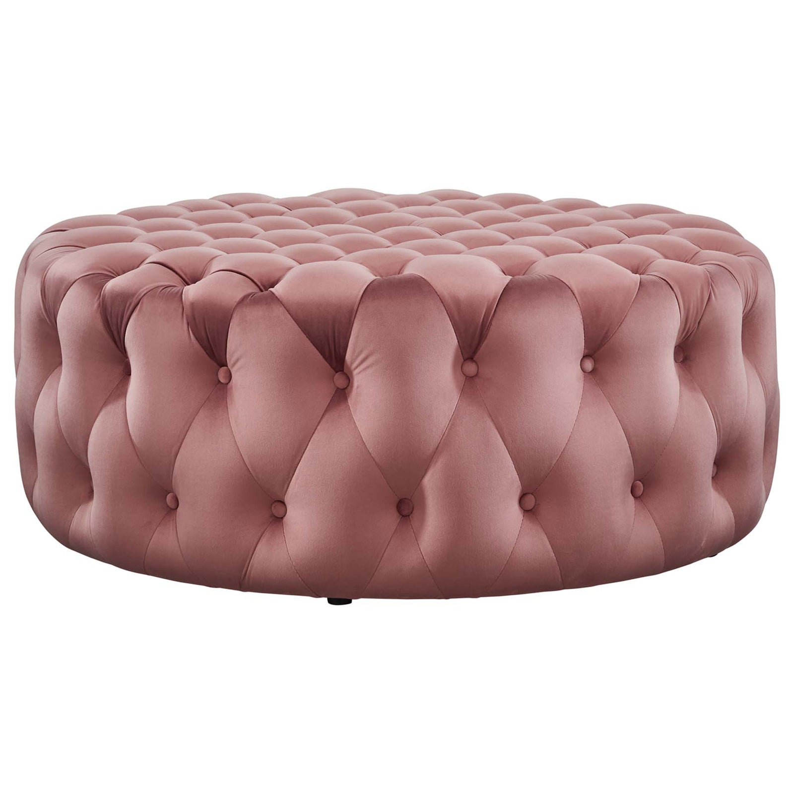 Velvet round ottoman in dusty rose featuring allover button tufting and a tailored low profile silhouette || EEI-5469-DUS || front_studio