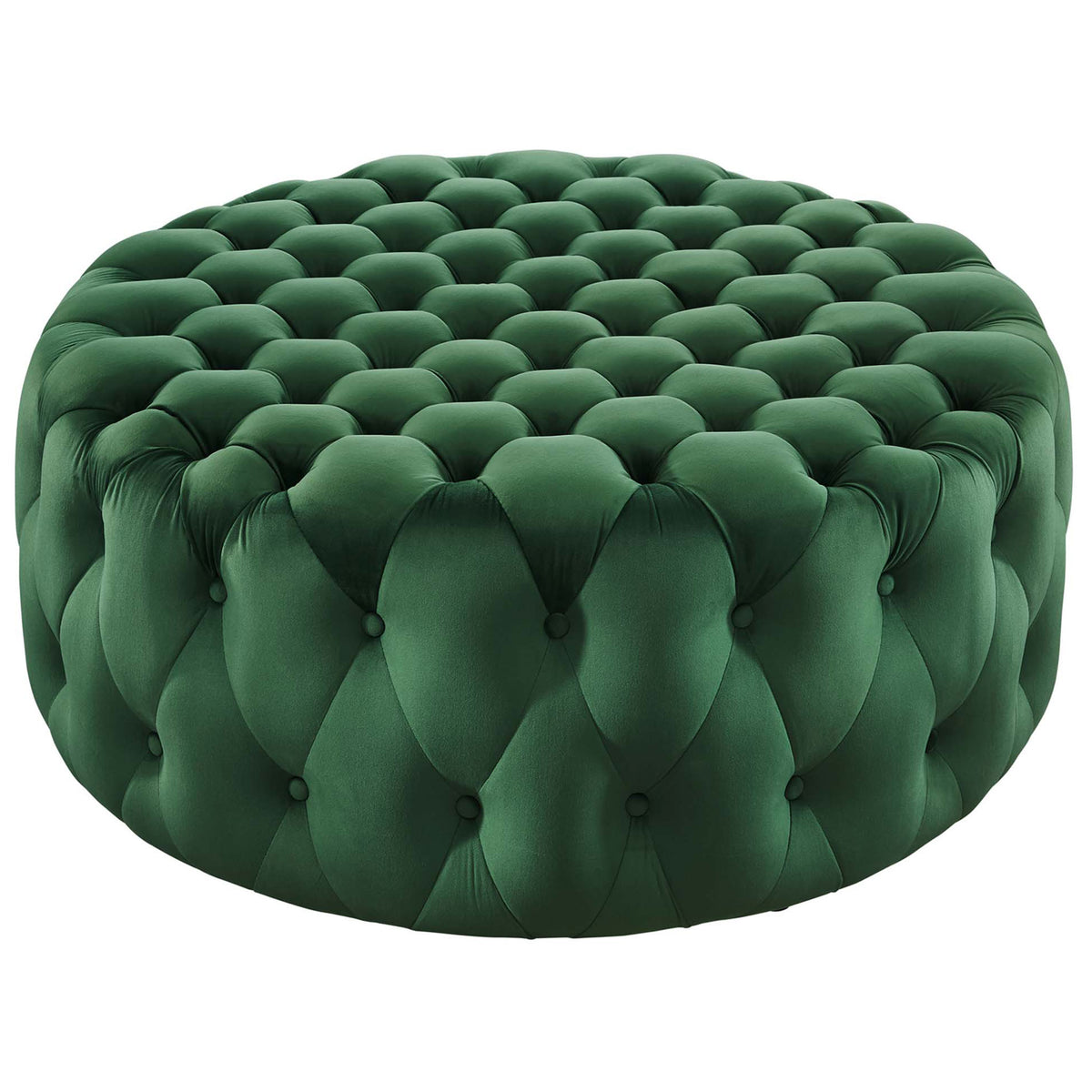 Emerald round velvet ottoman with deep diamond tufting and plush buttoned sides || EEI-5469-EME || front_angle_studio
