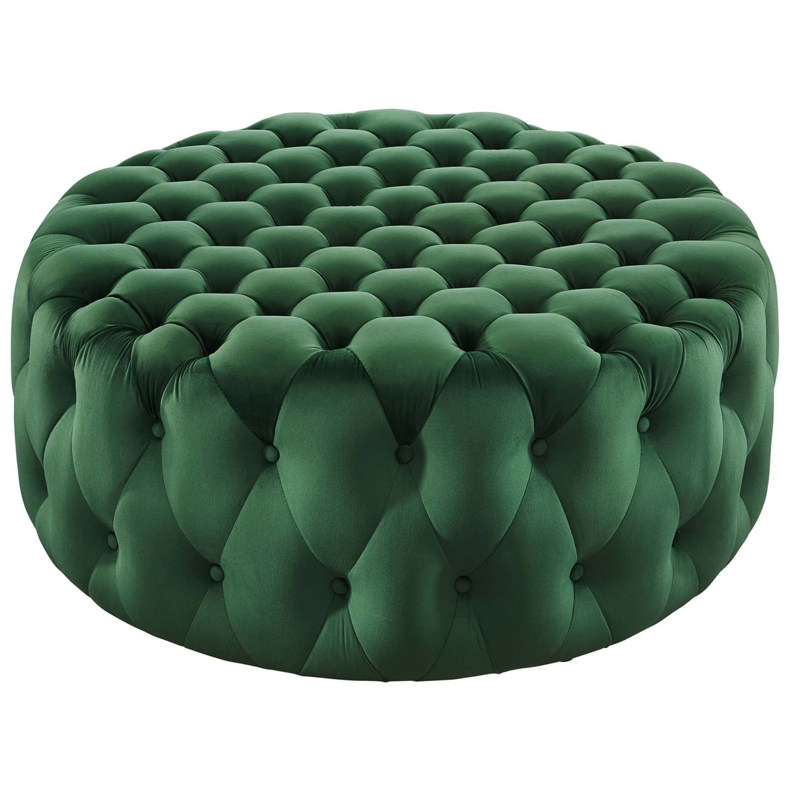 Emerald round velvet ottoman with deep diamond tufting and plush buttoned sides || EEI-5469-EME || front_angle_studio