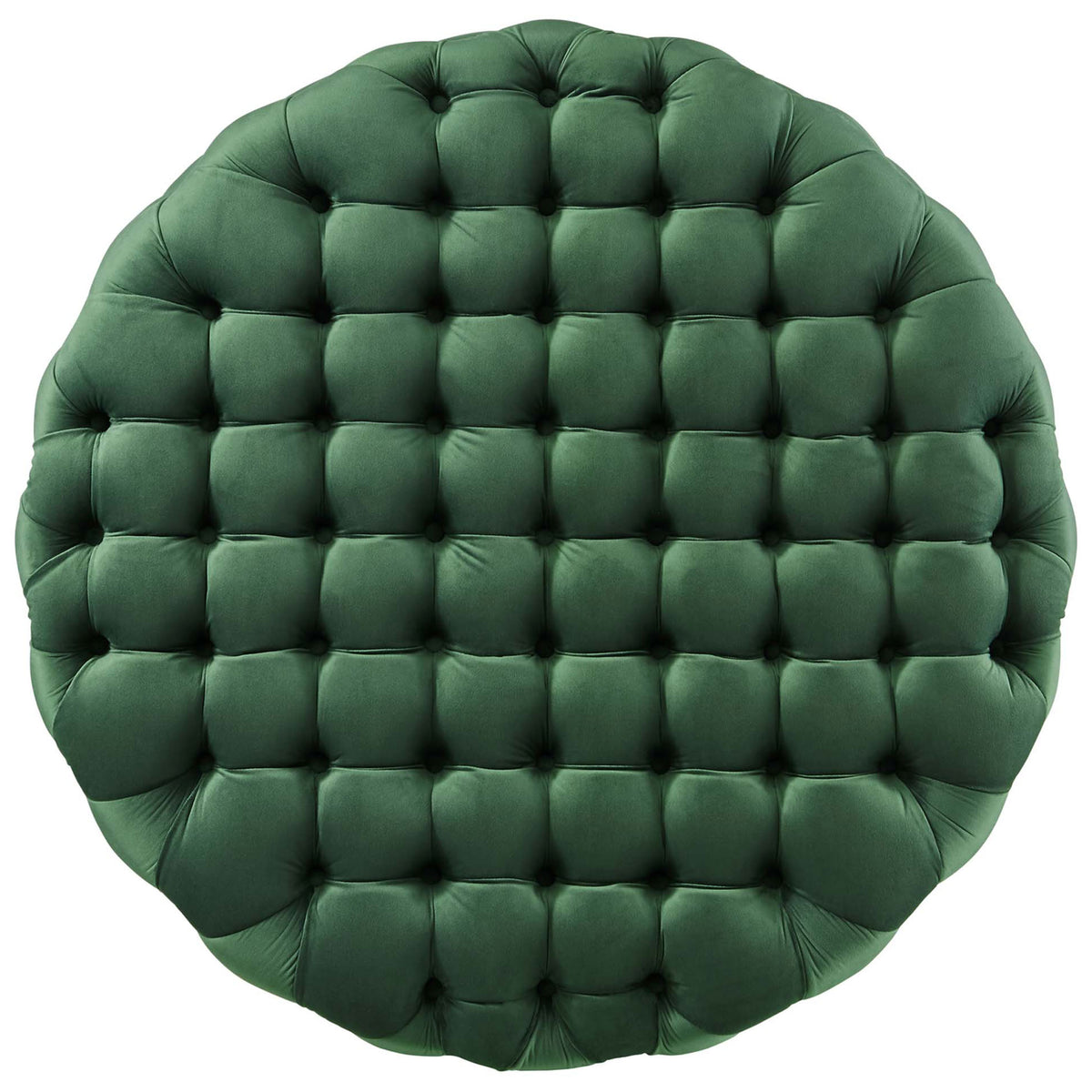 Generously padded emerald ottoman with a grid of button tufting across the entire round surface || EEI-5469-EME || top_studio