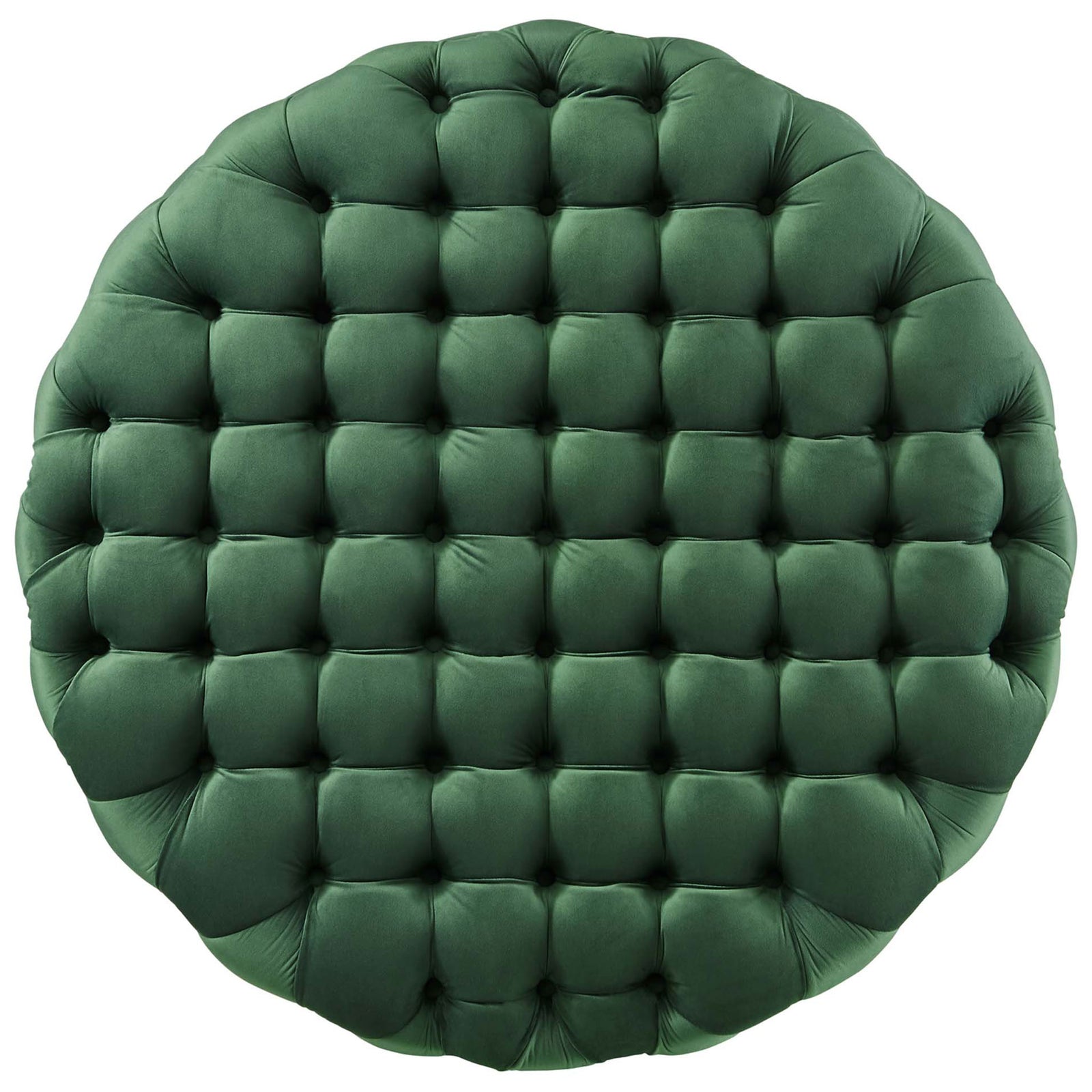 Generously padded emerald ottoman with a grid of button tufting across the entire round surface || EEI-5469-EME || top_studio
