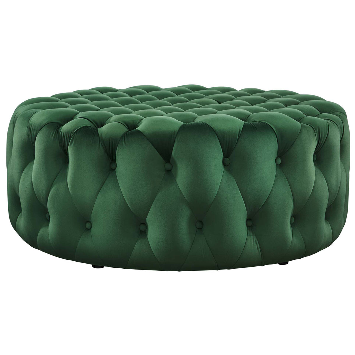 Low profile emerald ottoman highlighting its rounded silhouette and luxurious velvet texture || EEI-5469-EME || side_studio