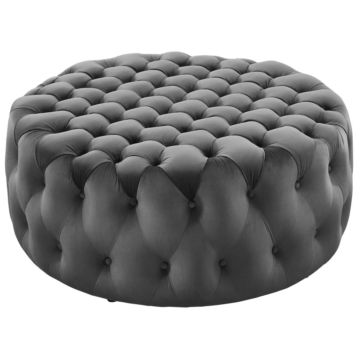 Large round gray velvet ottoman with deep button tufting for plush, elegant living room seating || EEI-5469-GRY || front_angle_studio