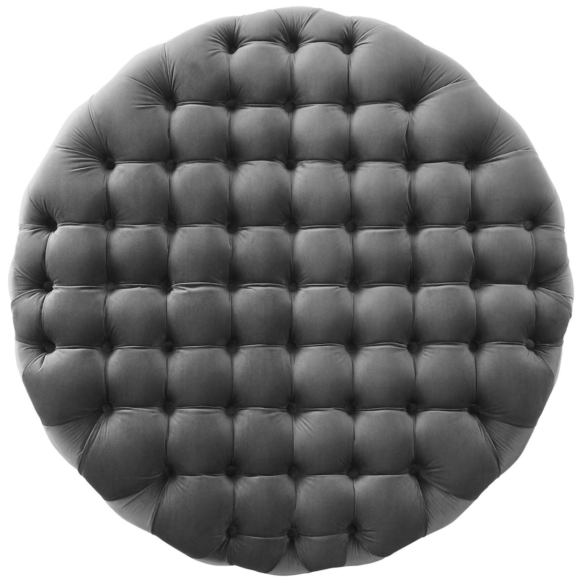 Overhead view of the large tufted gray velvet ottoman showcasing its cushioned, grid-style buttoned top || EEI-5469-GRY || top_studio