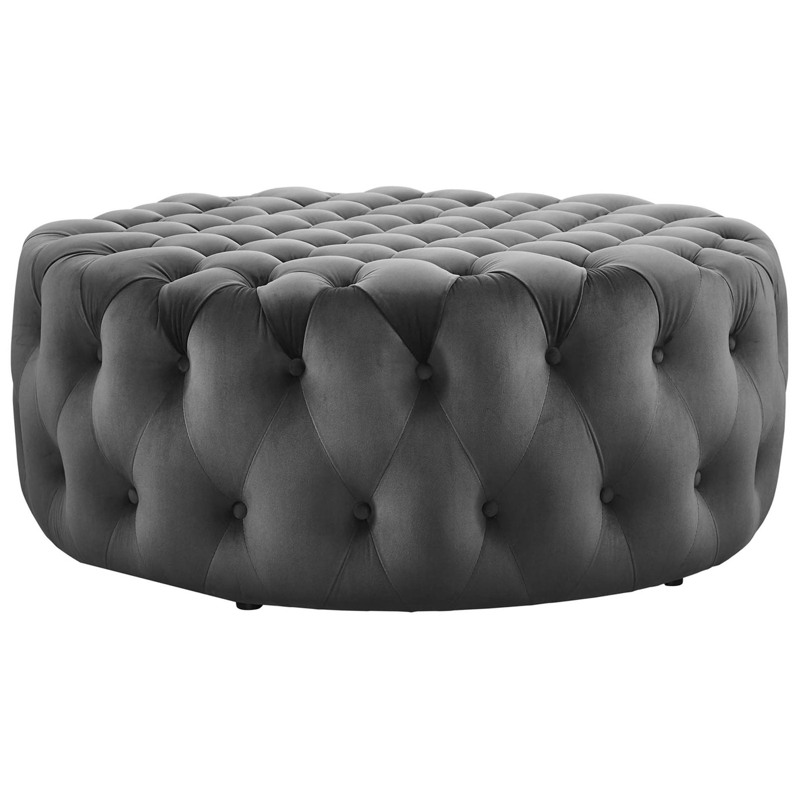 Plush gray velvet ottoman with diamond tufted sides and subtle low-profile feet for a refined modern look || EEI-5469-GRY || side_studio