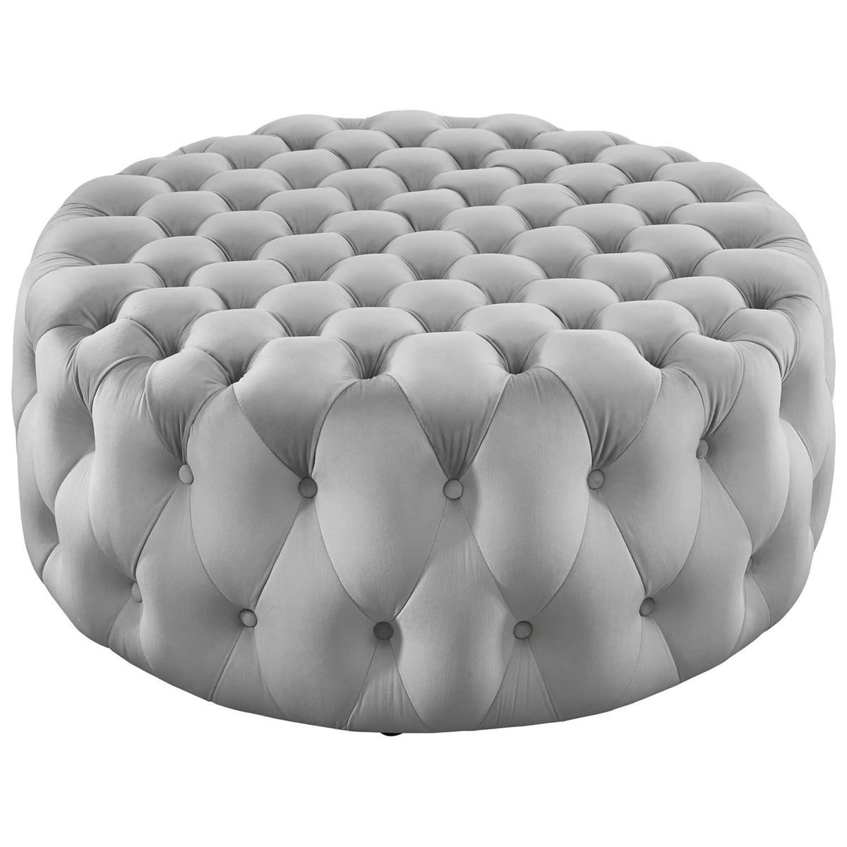 Large light gray round velvet ottoman with deep button tufting and plush cushioned comfort || EEI-5469-LGR || front_angle_studio