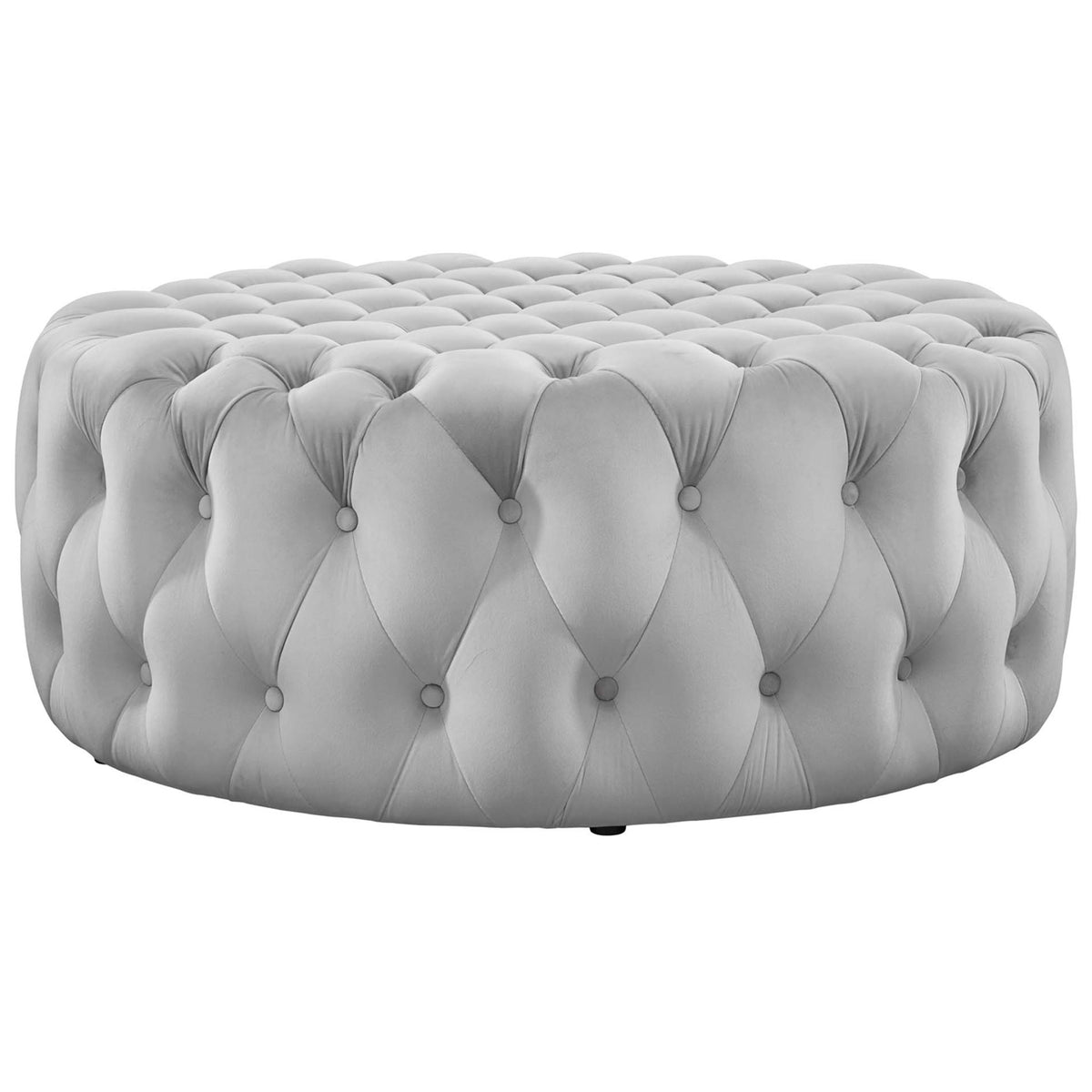 Low round light gray velvet ottoman with allover button tufting and smooth, sculpted sides for a luxe look || EEI-5469-LGR || side_studio